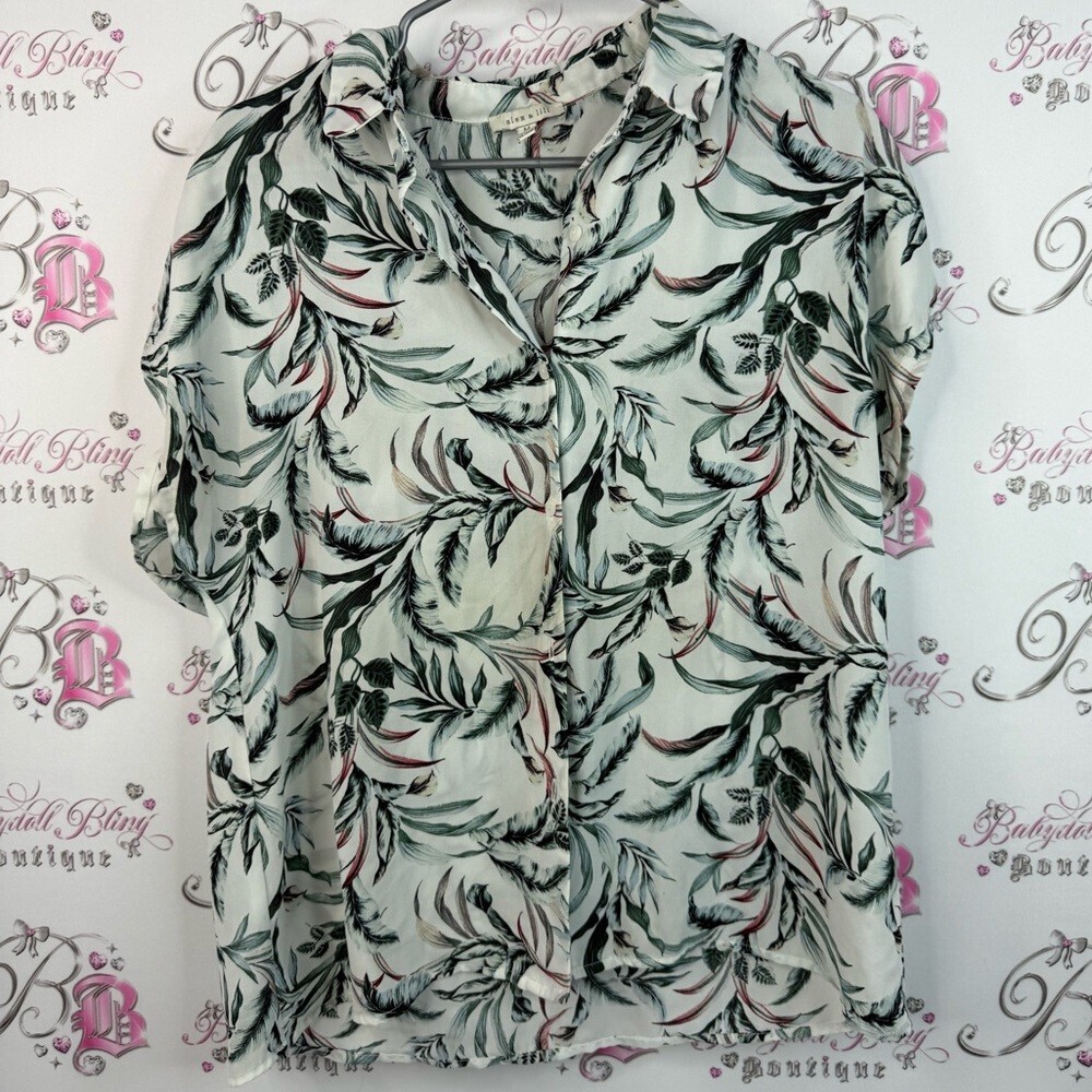 Alex & lili T-shirt button up leafs tropical Elegant Leaf Print Women's Blouse
